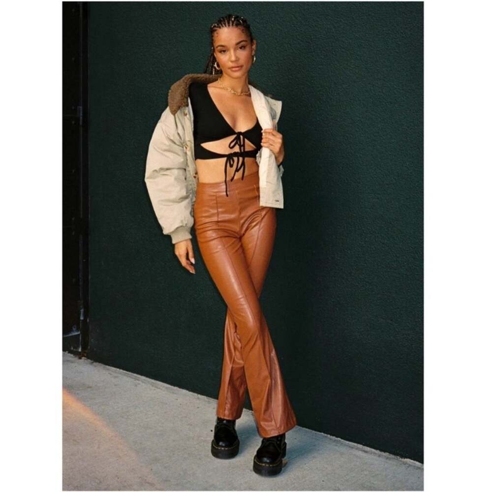 Princess Polly Braden Brown Faux Leather Flare Pants Size 2 US